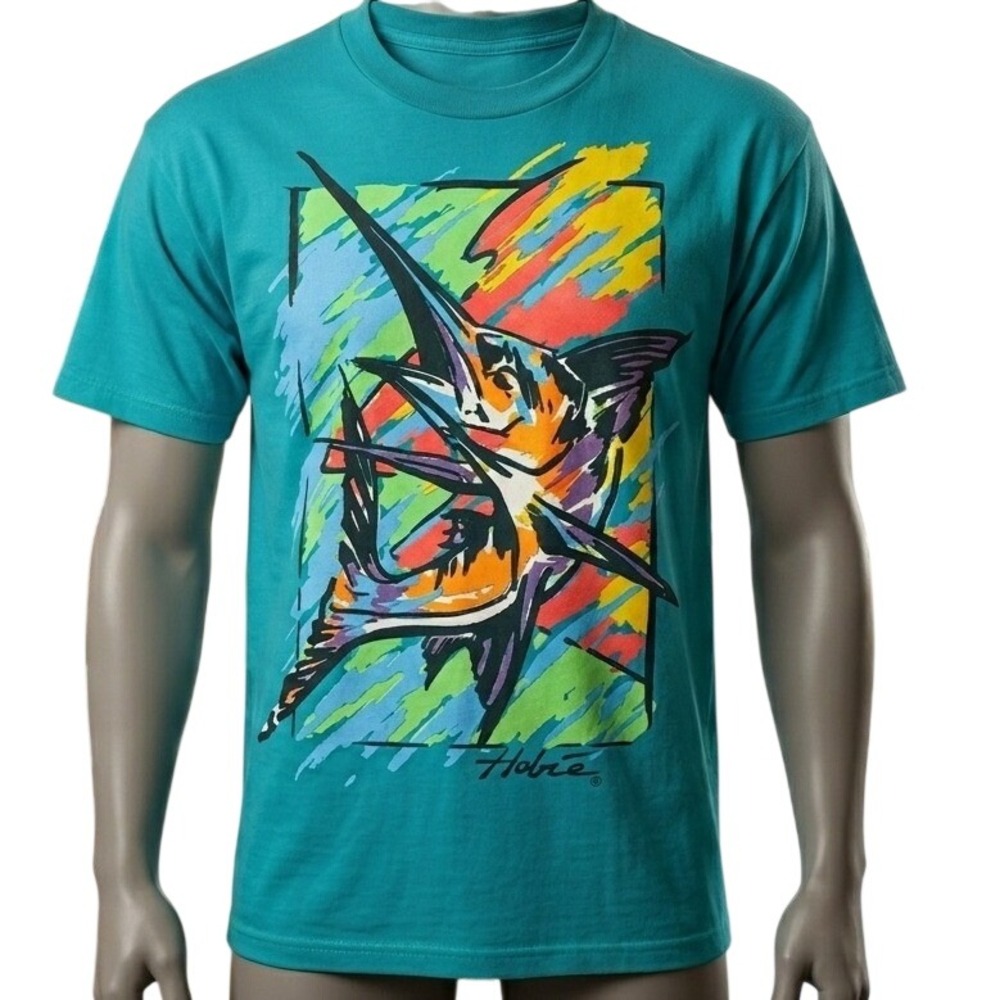 Vintage Hobie Swordfish Graphic T-Shirt‎ Mens Large Teal Blue Made in USA Surf